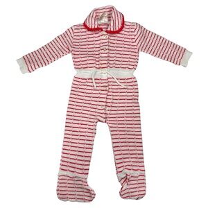 Vintage 50s Knit Acrylic White Red Striped Button Front Unisex Baby Jumpsuit L